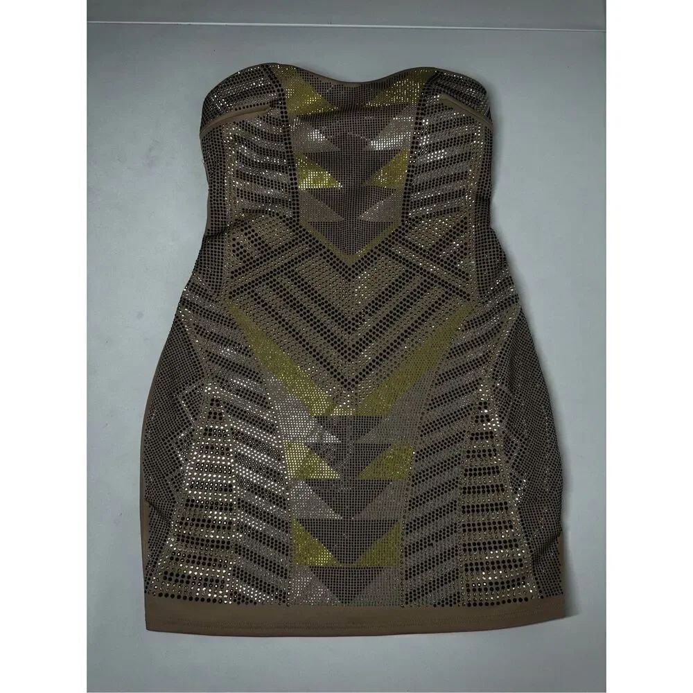 Ruby Rox Women Gold Chevron Pattern Stud Sleeveless Bodycon Mini Dress Size L